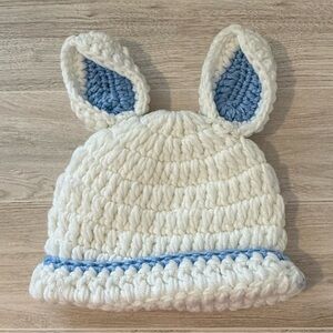 Hand Crocheted Newborn — Infant Bunny Ear Hat White & Blue Plush Easter Beanie